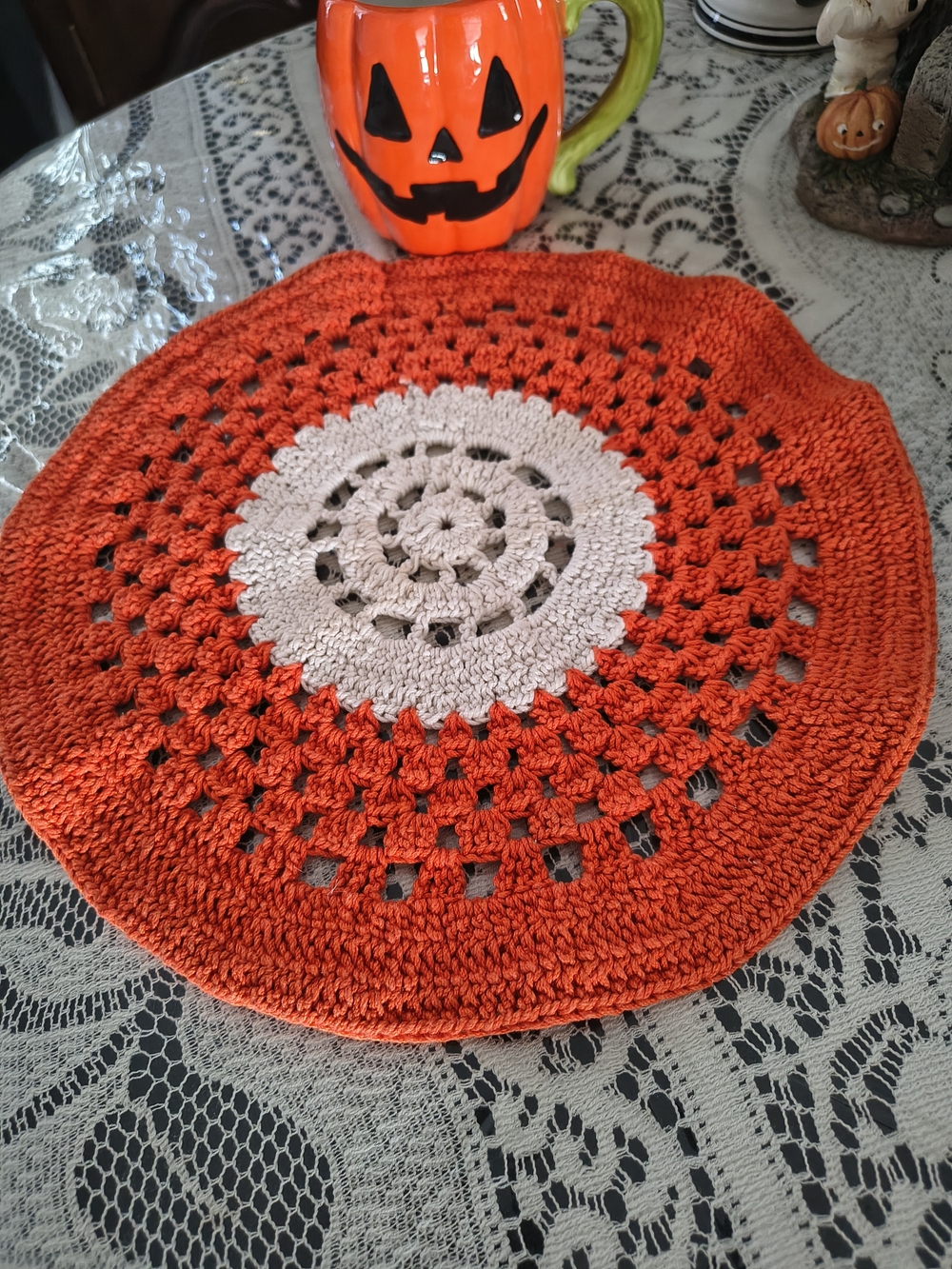 Fall Halloween Crochet Doily Orange Round Decor Vintage Retro Style